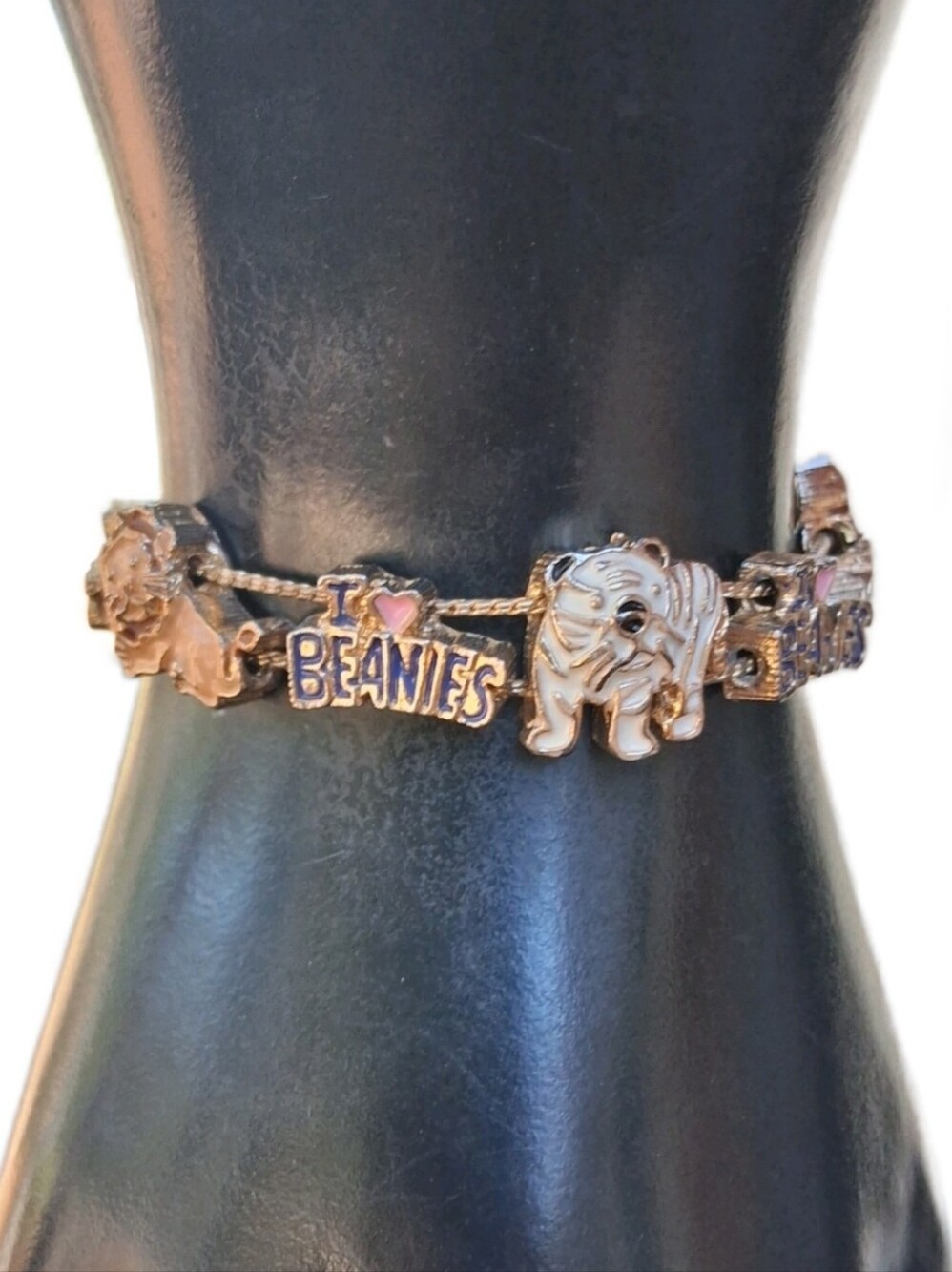 Vintage 90s I Love Beanies Slide Charm Bracelet Ty Beanie Babies Animal Enamel
